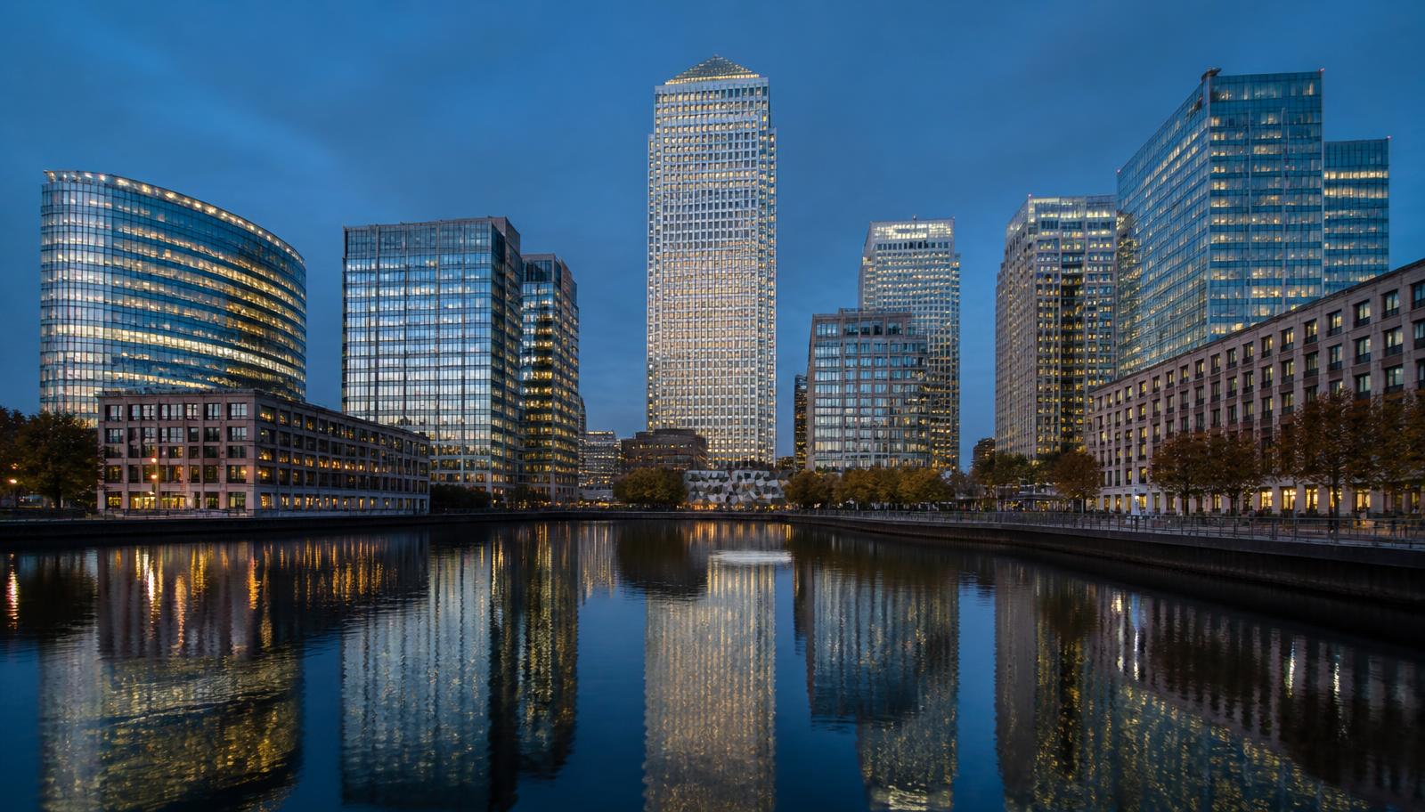 Canary Wharf skyline at dusk with One Canada Square and the E14 towers reflected in the dock water