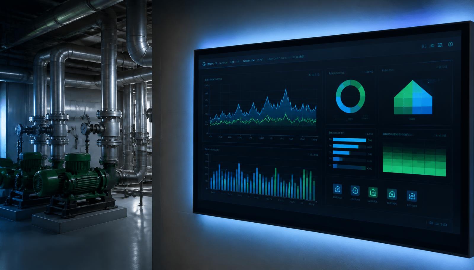 BMS energy dashboard showing HVAC consumption trends beside a commercial plantroom with pumps and pipework