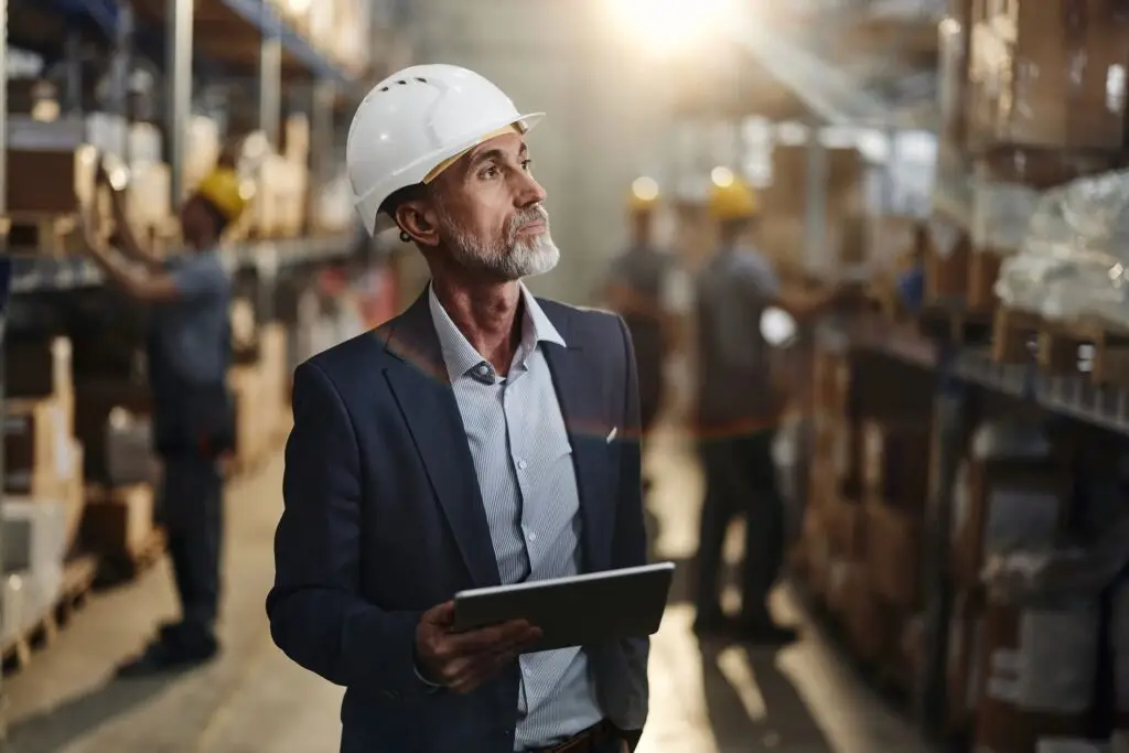 Pensive mature manager using touchpad in storage room.