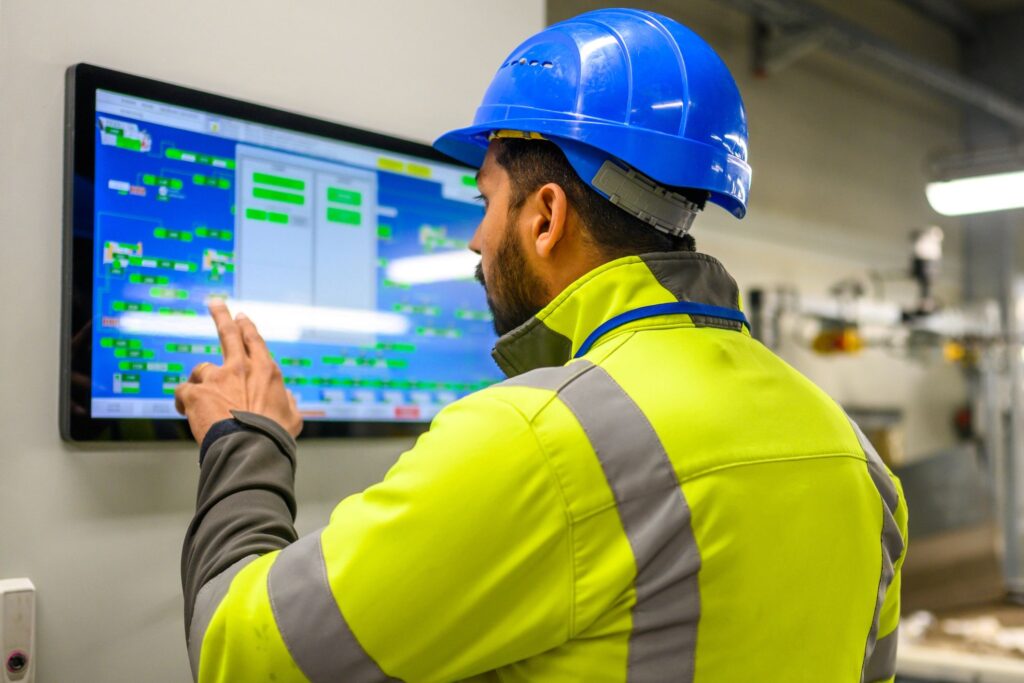 Building controls engineer monitoring a digital control panel