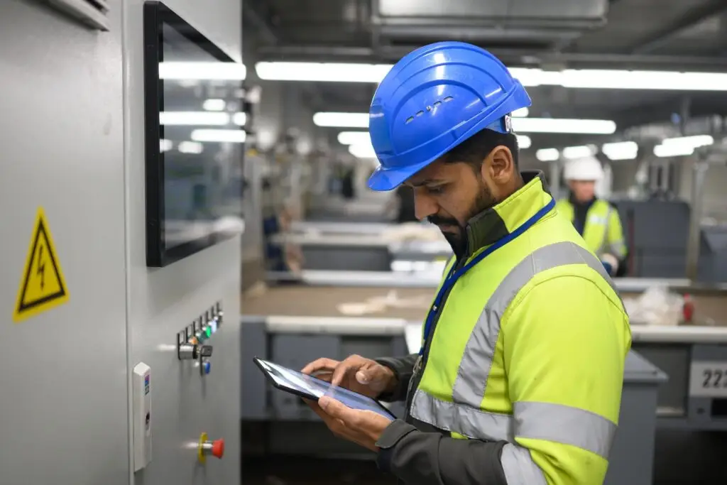 Mid Adult Indian Male Worker Operating Recycling Machine with Tablet